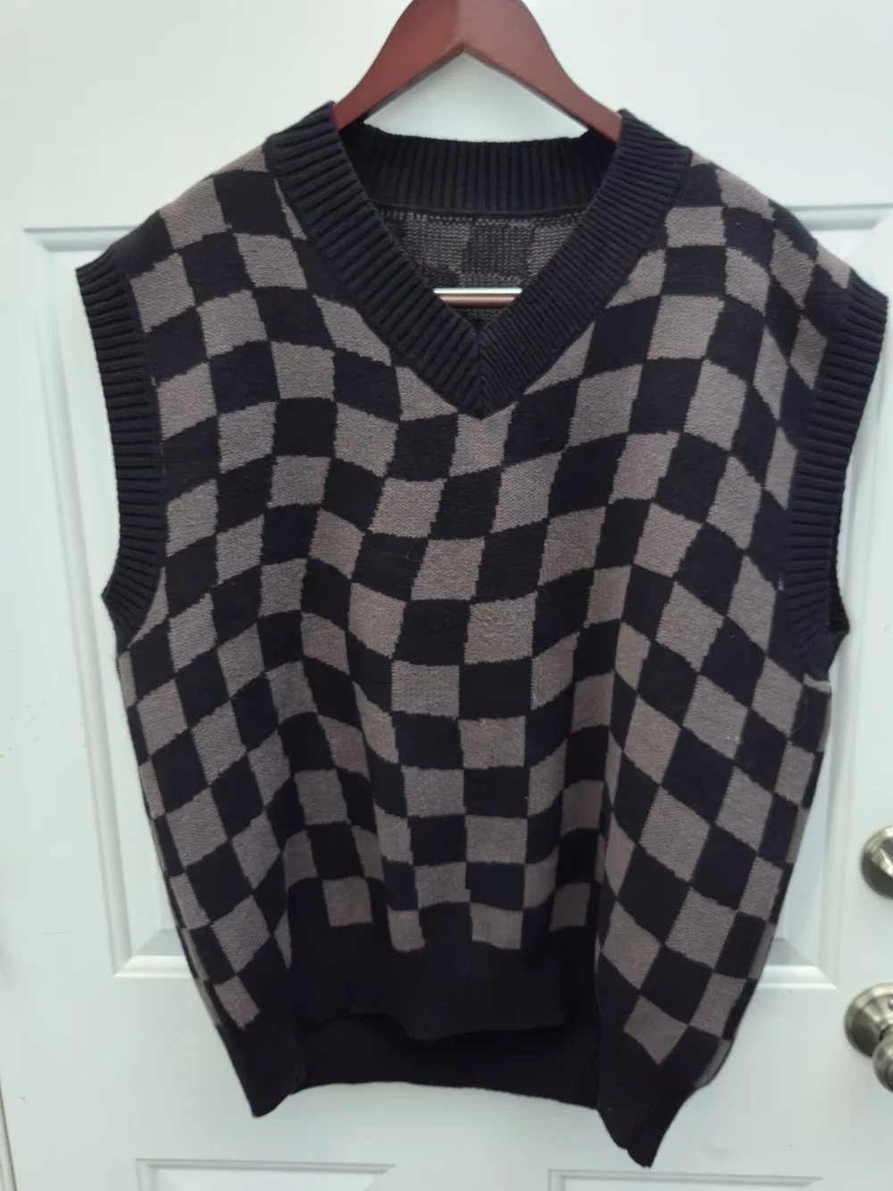 Black and Gray Checkerboard V-Neck Sweater Vest